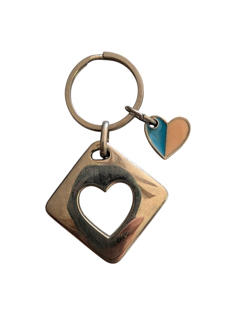 Heart Cutout Silver Keyring with Blue and Peach Heart Charm